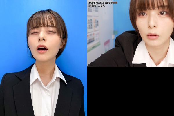 ここで撮影した写真を貼れば絶対合格するというピストンバイブ証明写真ボックス2リクルートスーツの女子大生がどんなに突かれても笑顔をキープ来訪者T.Lさん:サンプル画像
